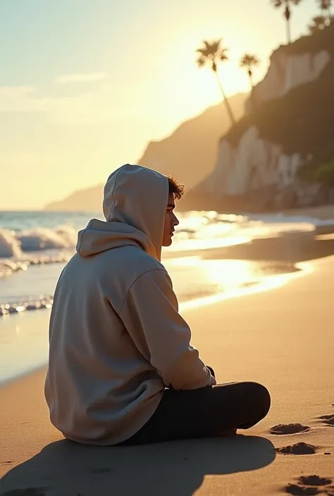 1 Guy wearing a hody jacket sitting on the beach in the afternoon