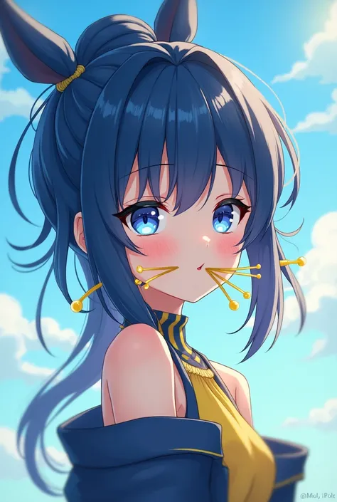 A  girl has navy blue hair and yellow hair,Blue이며 눈색은 노랑,Blue, sky. Theyre cute, but they have eyelashes, so theyre pretty, but theyre close to cute. They have long hair, and theyre tied up with two legs(Earwig Anime ) They are human and have spines in the...