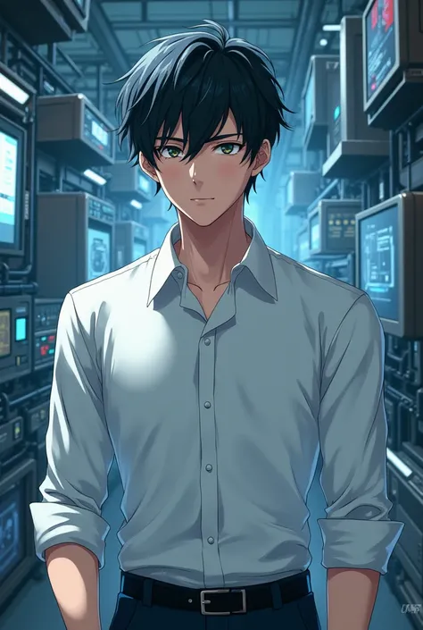 
 Systems Engineer 　male　anime　 white shirt　Glare