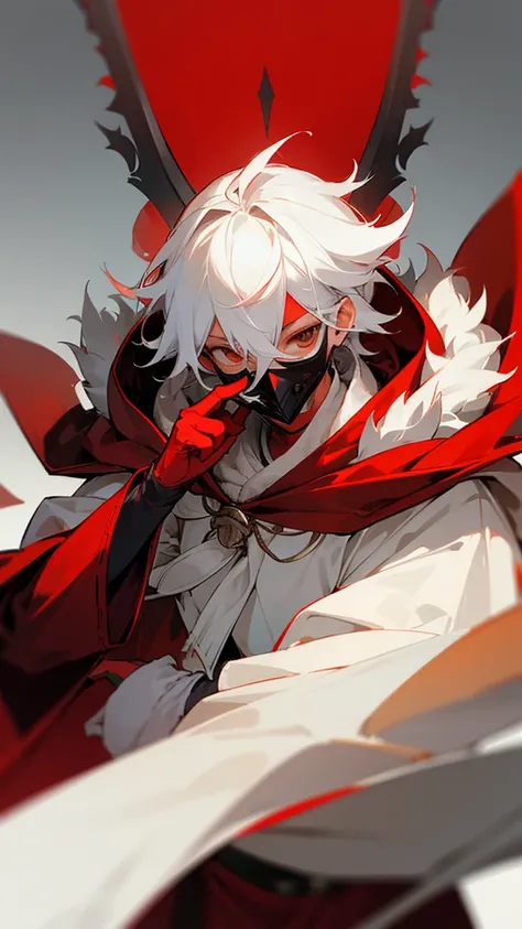 a boy dressed in red and white clothes with and gloves, fur trim, solo, gradient, hood up, hood, fur-trimmed capelet, 1boy, asymmetrical mask, divided mask, split mask, split-color mask, hood, hood up, covered face, asymmetrical clothes, , ,white mask