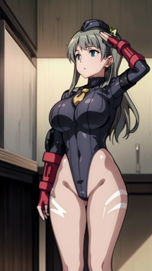 1 girl,NSFW,kotori minami ,(lovelive),clavicle, absurd, brainwashing,Combatant, empty eyes,((purple glowing eyes 1.5)),  huge breasts , No expression, emotions removed,(black shadaloo suit),look away , whole body shape, ((stand up, salute)),(highest qualit...