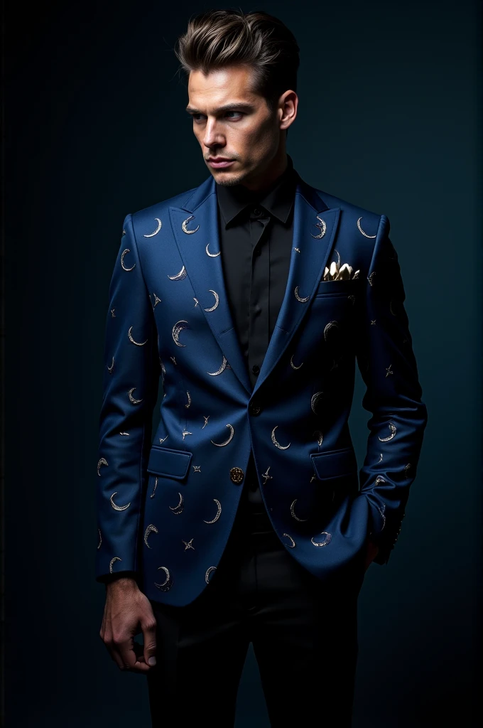 Man with black and blue suit with moons on it