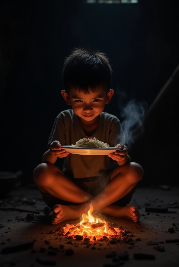 A boy eating food, by keeping food plate on fire coal on a deabody