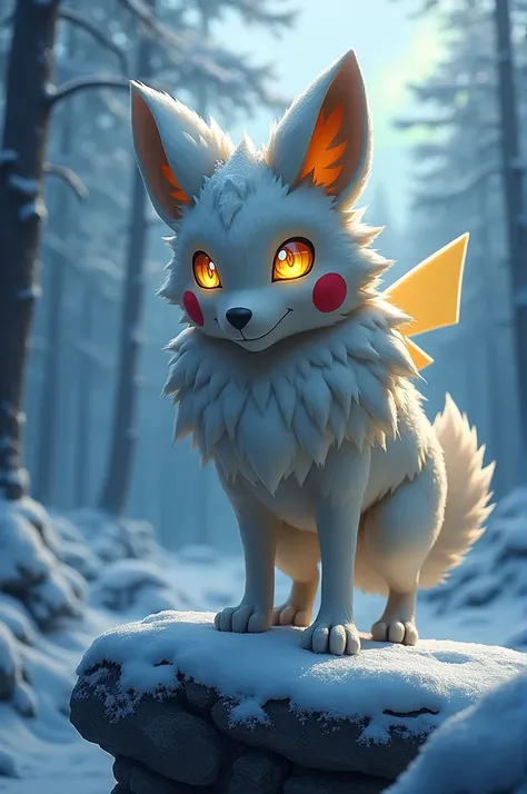 Create a photorealistic composite of a majestic hybrid creature that combines the features of a gray wolf and Pikachu, set in a snowy forest during twilight. This hybrid animal should have the body and thick fur of a wolf, dusted with snow, but with Pikach...