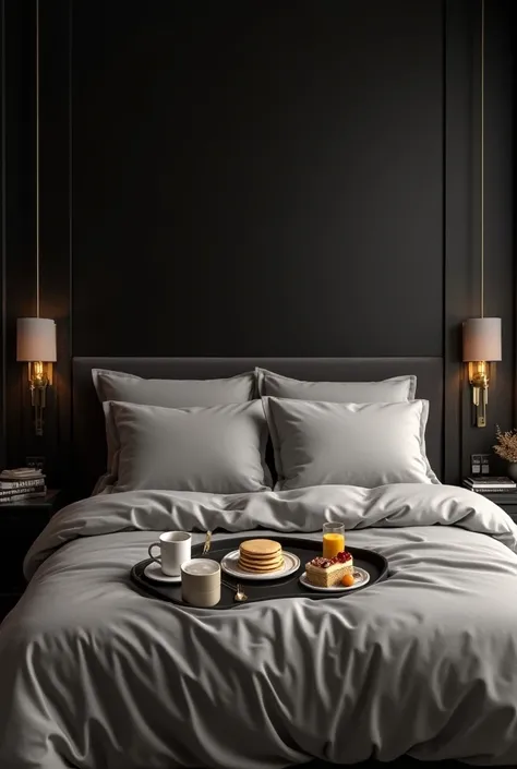  Create an image of a modern room with innovative design with black walls with details in ivory and gold.  A king size bed with luxurious gray sheets .  On the bed there is a tray with two cups of coffee ,  a small plate with pancakes , a cake and two glas...