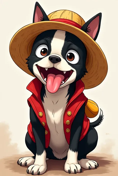 ワンピースのルフィの帽子とベストを着た、 a very happy Boston terrier with his tongue sticking out in anime style wearing Luffys One Piece hat and vest 
