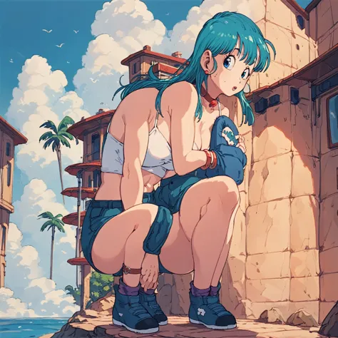 bulma standing on a cliff in white bikinis with huge breasts and the sky in the background.