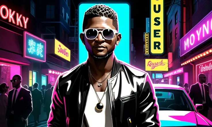 Ushers portrait,Black male singer,so cool, wearing sunglasses ,Dark black and white images、soulful、Flashy neon sign,tokyoroad