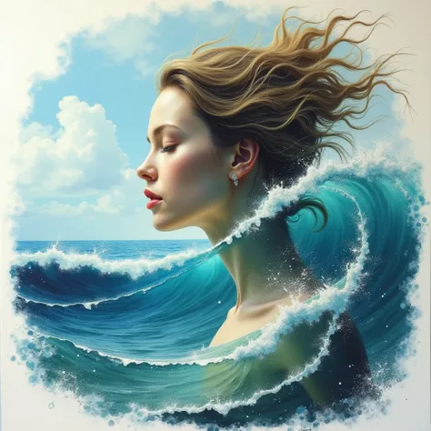 ((Surreal image of a woman combined with the sea and the shore)), ((seamless blend of the womans head and features with the natural world)), ((white borders)), ((sense of peace and tranquility)), ((turbulent ocean waves)), ((image lies within image boundar...