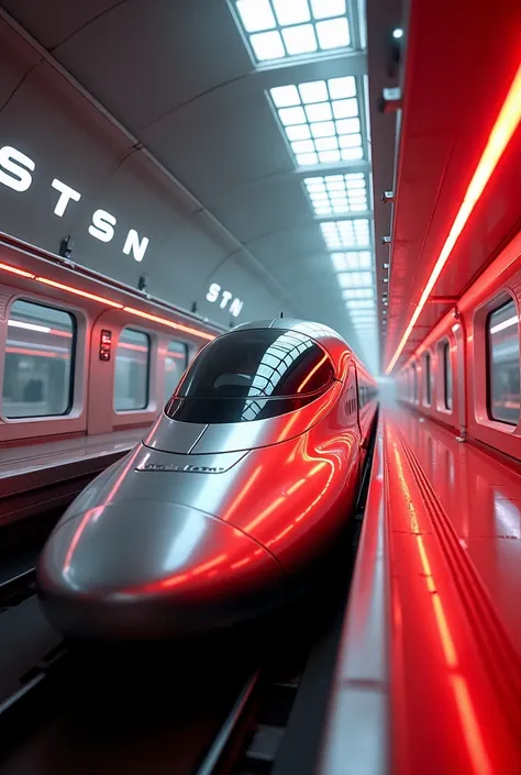  architectural photo of a silver-red bullet train in futuristic interior,inscribed stsn . market in neon light decoration 