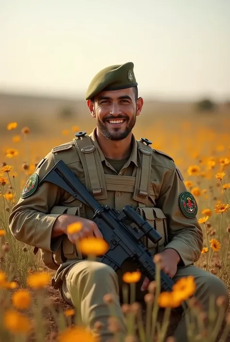 soldier form south lebanon, lebanese, soldier wearing the war uniform, sitting in a flower field, looking towards the camera smiling, martyr, 8k, ultra, the uniform is for desert nature, with no badges on his uniform at all, with no hat, shield vest on him...