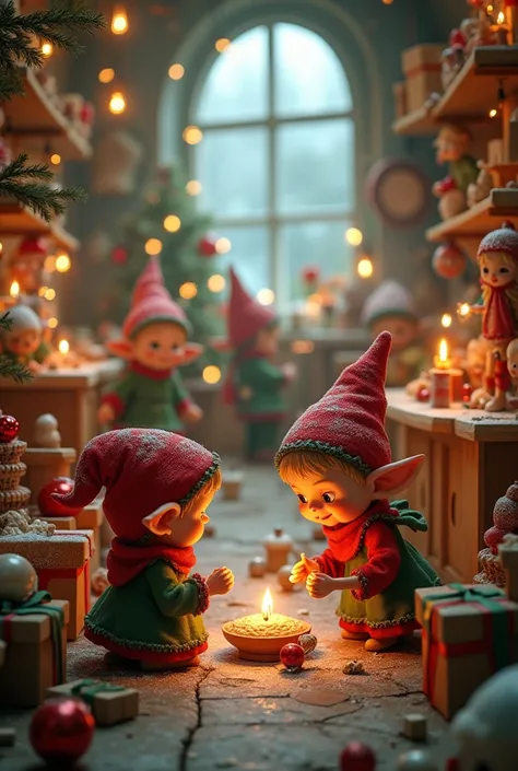 Une scène féerique où les lutins du père noel avec de petites oreilles préparent leur voyage pour aller chez les enfants faire des bêtises en attendant Noël