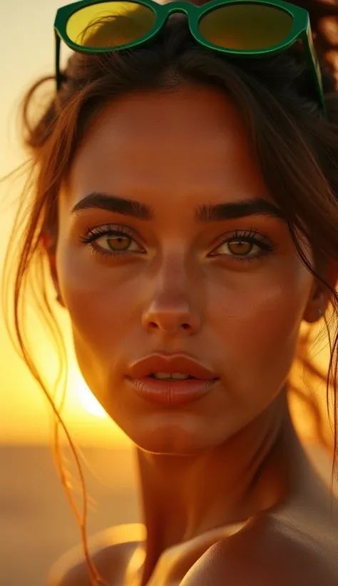 Focus on the beautiful face of a beautiful Brazilian woman, skin golden from the sun, thick lips with golden lipstick, green glasses on her head, brown hair tied up, honey-colored eyes, depth blur on a golden background, sun reflecting on her face enhancin...