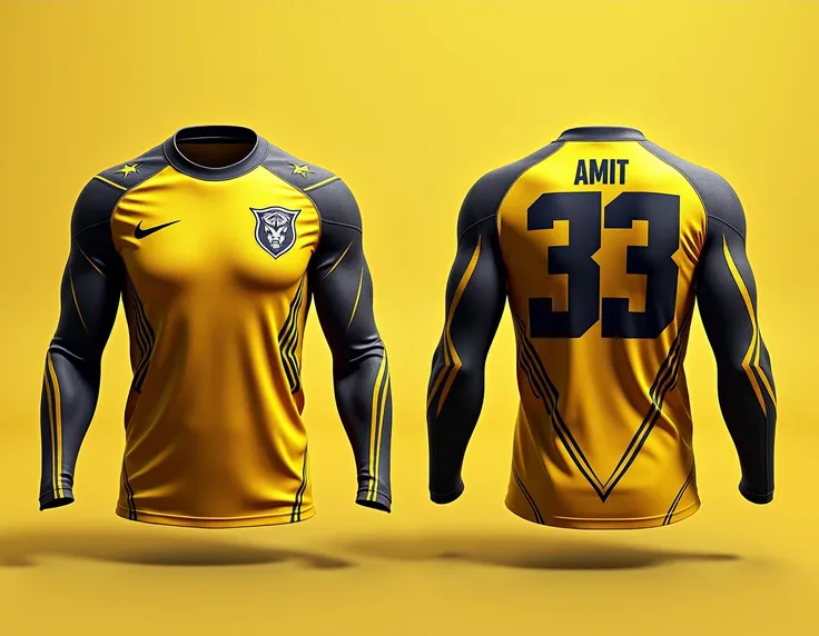 sports team full sleeve jersey, avengers theme, premium look, yellow colour combination, hd quality, volunteer and avengers theme , name at back of jersey " AMIT" and number under the name "33". 