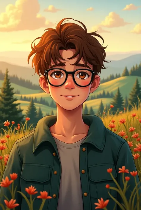  Create a picture for a TV series cover.  The series is about Brian ,  which is 19 years old wears glasses and has organ-brown hair. The theme of the series is Love . He comes from Germany  