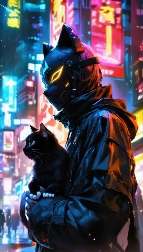 ( of the best quality ,  masterpiece:1.2), dark-skinned man ,  wearing cat mask , black robe,  holding small cat ,  in cyberpunk city with neon light,  billboard with name  "Noobxiety ",  dramatic lighting 