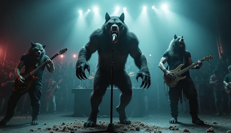 Ultra-realistic ferocious werewolf,  singing with microphone at a show ,  werewolf guitarist band ,  werewolf bass player and werewolf drummer.