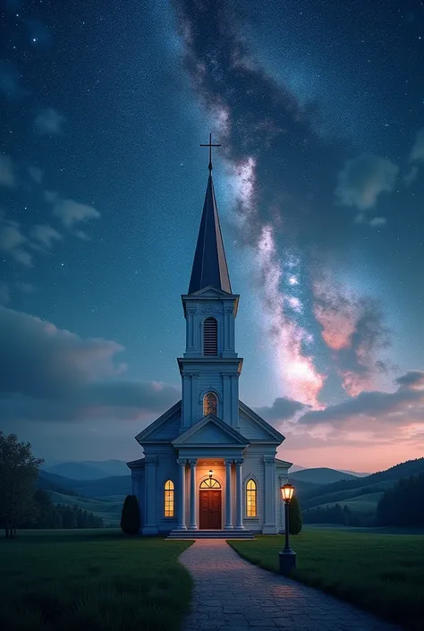 Front christian church with milky way sky