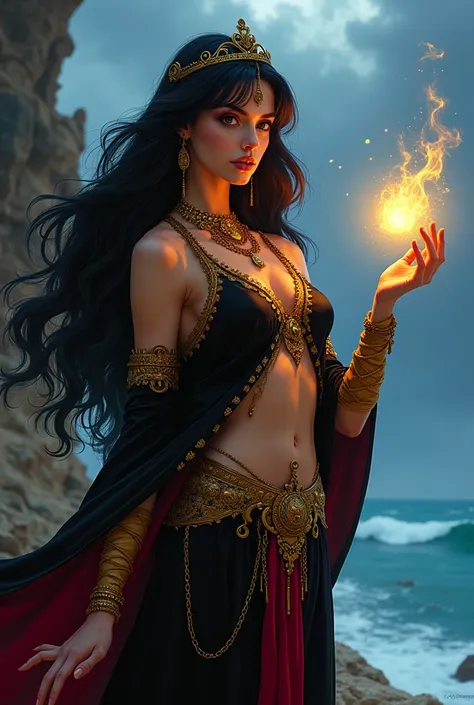 a character inspired by Julianne Morris as Rumina in The Adventures of Sinbad:

Appearance: A captivating and dangerous female character with long, voluminous black or dark brown hair, and piercing, enchanting eyes. Her face is sharp and elegant, exuding a...