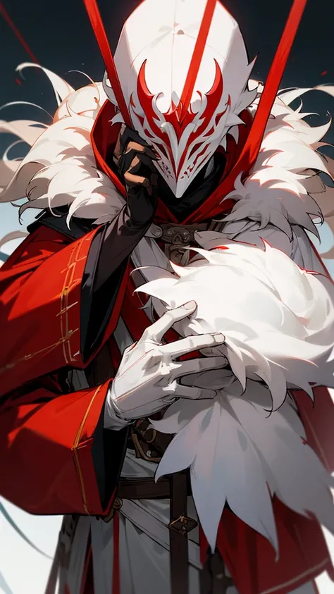 a boy dressed in red and white clothes with and gloves, fur trim, solo, gradient, hood up, hood, fur-trimmed capelet, 1boy, asymmetrical mask, divided mask, split mask, split-color mask, hood, hood up, covered face, asymmetrical clothes, , ,white mask