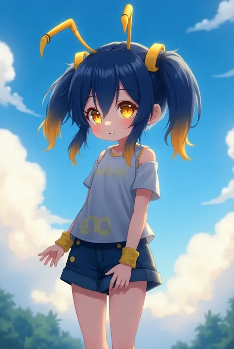 A  girl has navy blue hair and yellow hair,Blue이며 눈색은 노랑,Blue,Its cute because the sky is mixed, but it has eyelashes, so its pretty, but its close to cute. My hair is long, and I tied up my bifurcated legs that hang down(Earwig Anime ) Even though he was ...