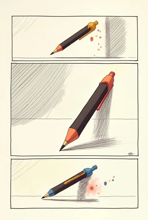 Develop a comic strip of a pen demonstrating geometrization in a neoplastic way.