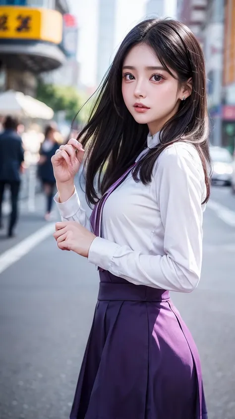 photo shoot, masterpiece,  best quality, 8k,  high definition ,  high definition ,  absurd:1.2,  Kodak Portra 400, film grain, Blurred Background, Bokeh:1.2,  lens flare , ( bright color :1.2), 1 girl,  purple eyes,  Movie Lighting、Purple and   black hair ...