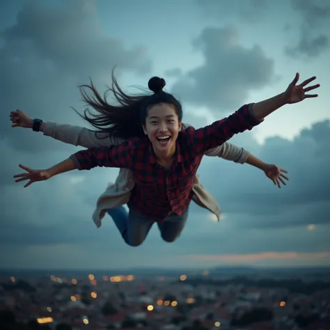 a handsome Korean young man with bun hair, wearing a dark red checkered shirt smiling flying in the air with a beautiful Thai woman, they both float in the air with their arms outstretched, soaring in the sky, shot in the air, soaring in the air, rising in...