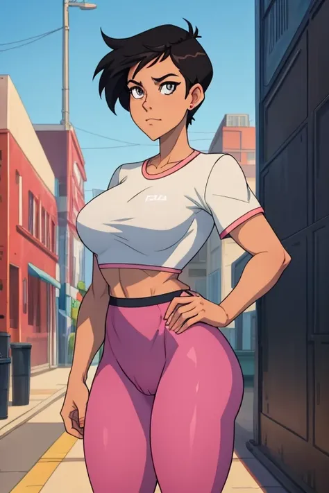 Lois Lane, wearing a pink croptop t, pink leggings, standing ,high quality,4k, very short black hair, grey eyes, perfect female anatomy 