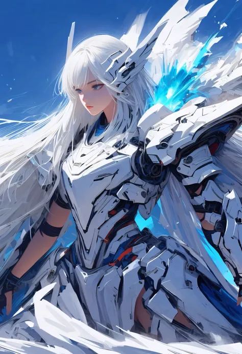 masterpiece,  is the best quality,  colorful ,  cowboy shooting, (pale:1.2),  flat  , Mecha, armor, girl,Mechanical_Body,  high resolution, White hair,  very long hair, garlic, ,  alone,  blue eyes,  white coat, Soft fabric waist extension, Blue Energy, de...