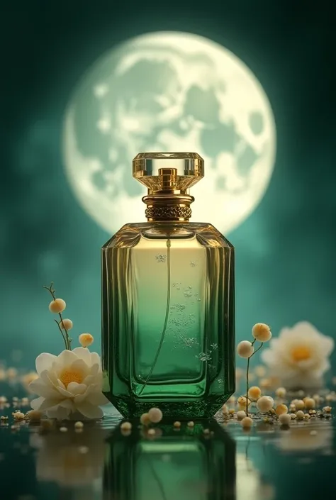 create perfumes images with name of Majestic Moon, with color of Soft gold, deep green, and ivory.