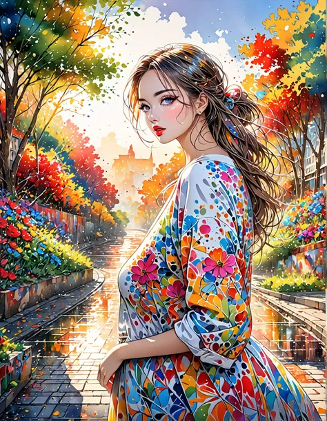 Beautiful and expressive painting in the Mijo style 、(((Stylish))), 8K quality、Intense watercolor, Detailed Watercolor Art, Watercolor splash,  Beautiful nipples , Avant-garde pop art,  beautiful and expressive painting, Beautiful art illustrations,  color...