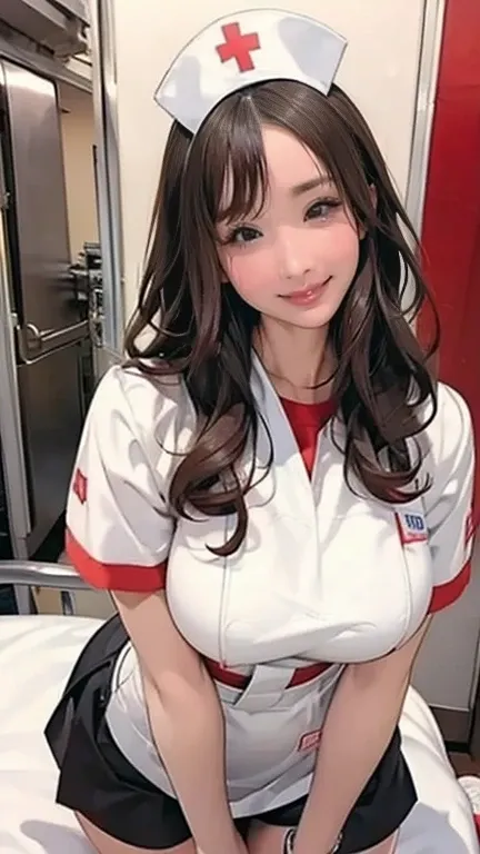 There is a nurse in a nurse uniform in the hospital  、 black stockings、Long Hair、 thin waist、 Big Breasts 、Smiling gently