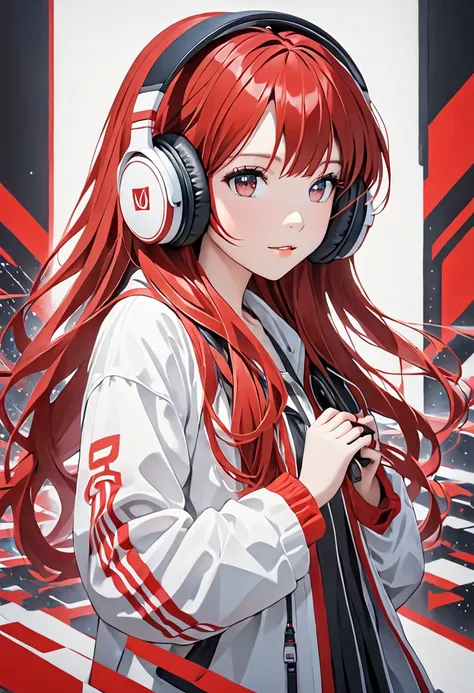 long hair, hair has big headphones and headphones on, 1girl, solo, headphones, red  hair