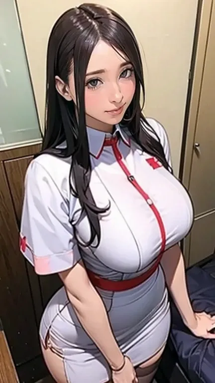 There is a nurse in a nurse uniform in the hospital  、 black stockings、Long Hair、 thin waist、 Big Breasts 、Smiling gently