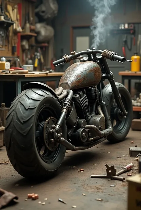  Workshop assembling a motorcycle rat with large tires and a diesel engine 
