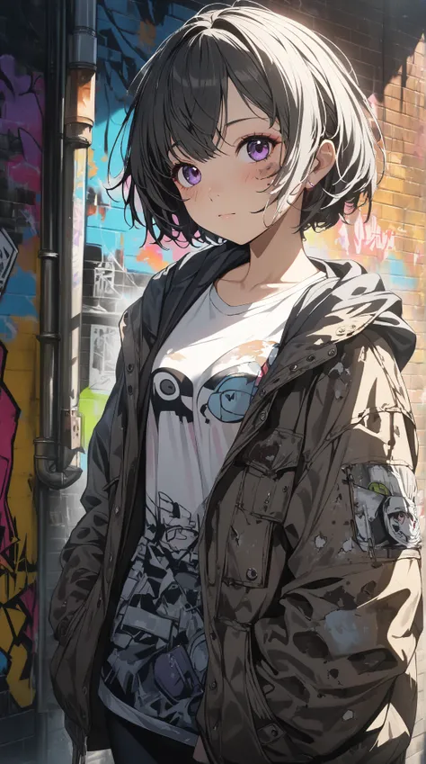 1 girl, ( cute face),  shorthair , to many hairstyle,  street style clothes , Tattered Jacket,  Pottery skin ,  medium breasts, break, City Alley, (Cool light:1.1),  artistic atmosphere, break, Graffiti Background, Free Expression , underground setting ,  ...