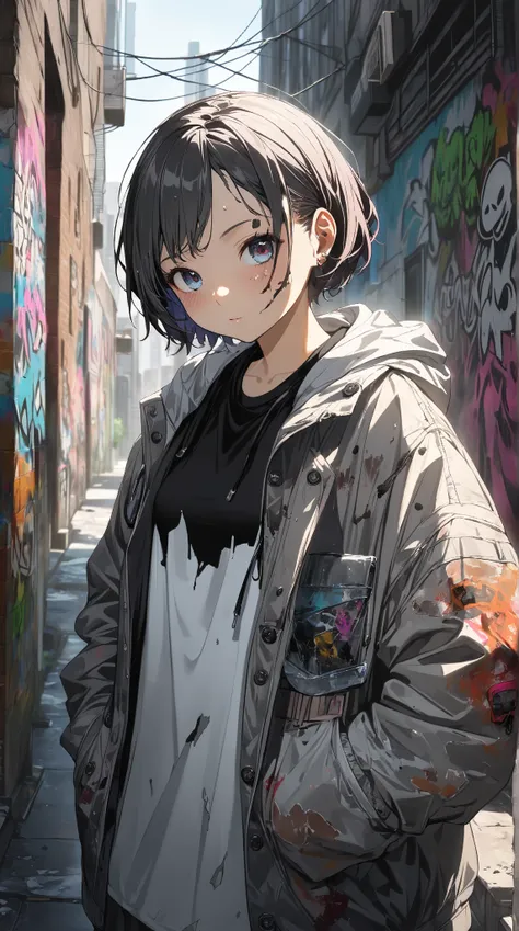 1 girl, ( cute face),  shorthair , to many hairstyle,  street style clothes , Tattered Jacket,  Pottery skin ,  medium breasts, break, City Alley, (Cool light:1.1),  artistic atmosphere, break, Graffiti Background, Free Expression , underground setting ,  ...