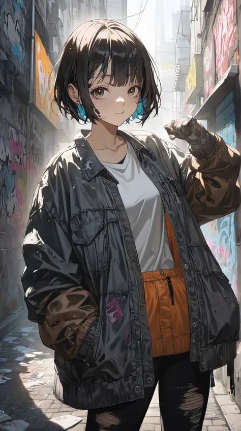 1 girl, ( cute face),  shorthair , to many hairstyle,  street style clothes , Tattered Jacket,  Pottery skin ,  medium breasts, break, City Alley, (Cool light:1.1),  artistic atmosphere, break, Graffiti Background, Free Expression , underground setting ,  ...