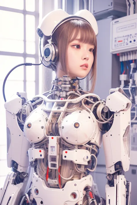 masterpiece, best quality, extremely detailed,portrait,upper body,front view,Japaese android girl,Plump, control panels,android,Droid,Mechanical Hand, Robot arms and legs,Blunt bangs,long tube,thick cable connected her neck,