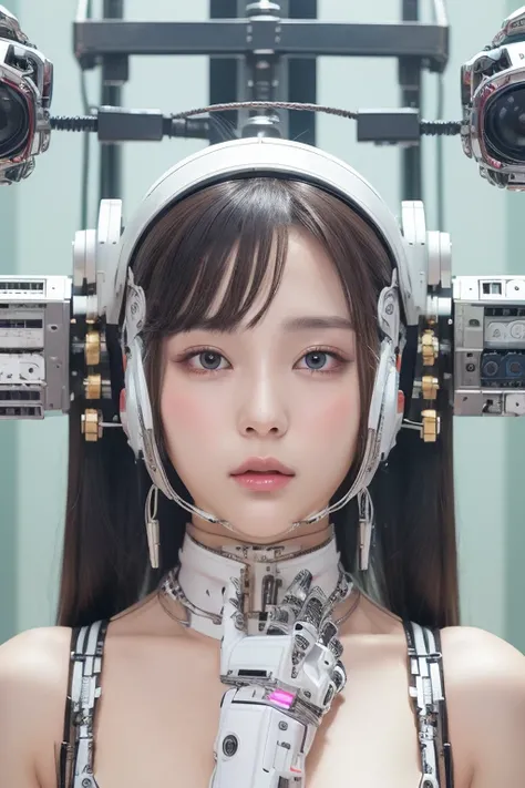 masterpiece, best quality, extremely detailed,portrait,upper body,front view,Japaese android girl,Plump, control panels,android,Droid,Mechanical Hand, Robot arms and legs,Blunt bangs,long tube,thick cable connected her neck,