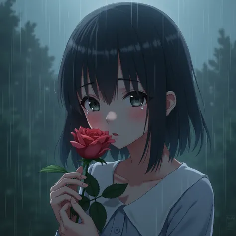 the girl is in a rainy place smelling a rose with tears, cgsociety 9, tears in the rain, realistic anime 3 d style, melancholy pastel art, sad and lonley