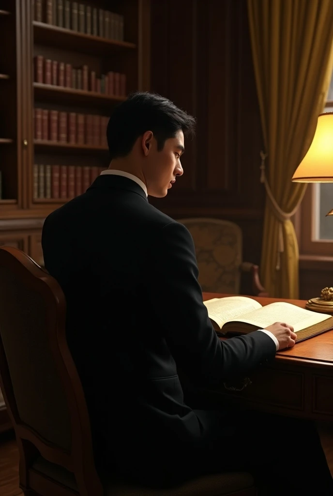 Create an image of a man young in classic black attire, sitting with his back turned at a wooden desk filled with open books, surrounded by shelves of old books and a lit desk lamp. The setting is classic and academic, featuring golden curtains and an upho...