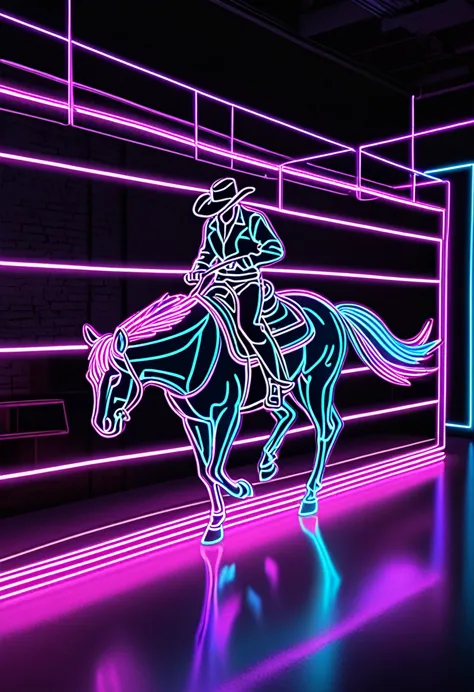 conceptual installation line art, iridescent neon light effect, western cowboy, 2.5D, delicate and dynamic, best quality