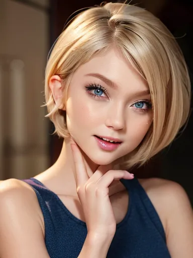 pretty girl short blond hair with blue eyes pink cheeks full lips and dark makeup cute face looking at the spectator, light smil...