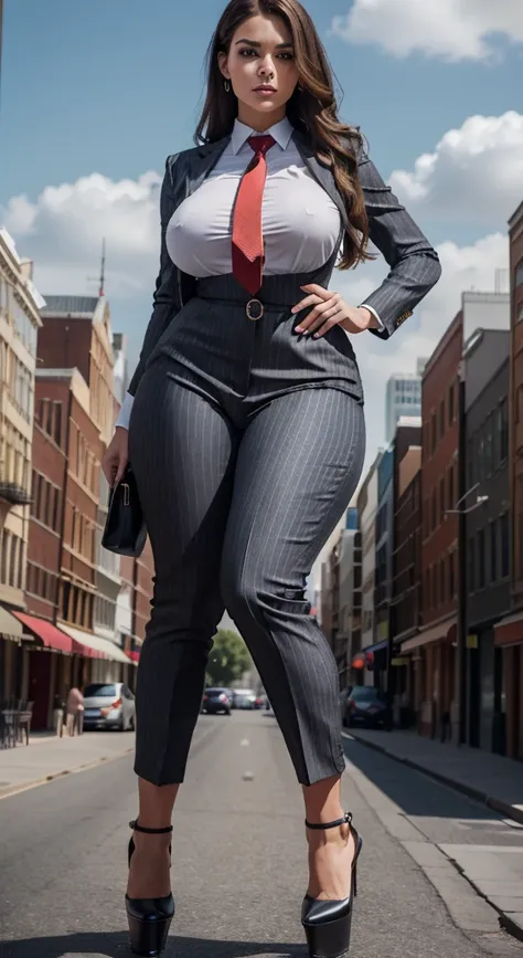 A sophisticated and stylish wowan in a grey pinstriped trouser suit, white shirt, and a large wide blue necktie with a really large windsor knot, with a beautiful, curvaceous figure, massive breasts, and long hair, with a curvaceous figure and massive brea...