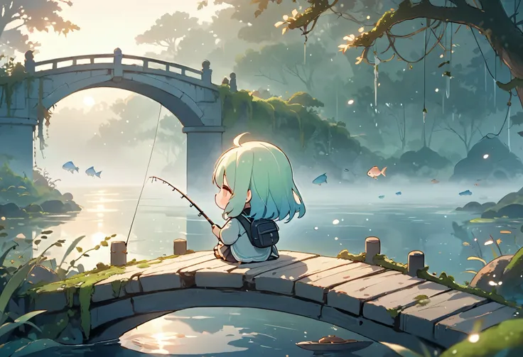 masterpiece, best quality, ultra-detailed, pastel tones, long shot,chibi, masterpiece, best quality, 8k, highres, ultra-detailed, chibi, 1girl, back view, long hair, pastel hair color, holding fishing rod, enjoying fishing, ancient bridge, moss covered, ov...