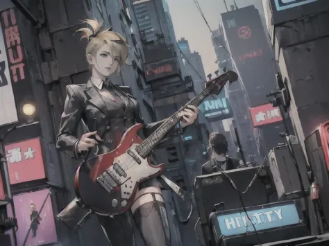 ((Top quality, 4k, 8k, high resolution, masterpiece:1.2, super detailed, correct anatomy)), ((Female: Mature woman, black eyes, blonde hair, clothing: grey suit, mini skirt, garter stockings, playing electric guitar)), (((Male: Businessman, hairstyle: Moha...