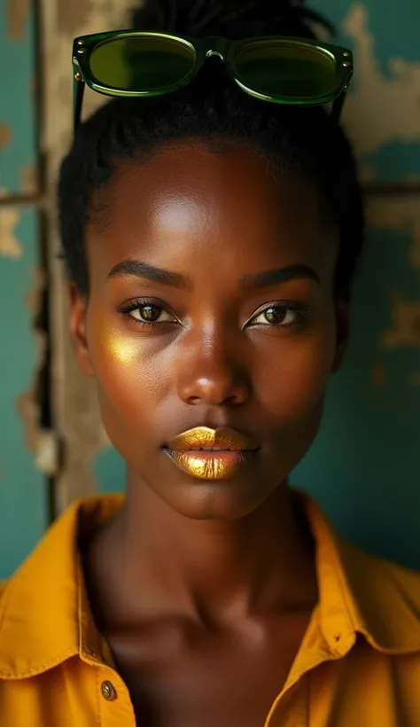 Focus on the beautiful face of a beautiful Brazilian woman, black skin, thick lips with golden lipstick like gold, green glasses on her head, black hair tied up, honey colored eyes, depth blur on a rustic wall background and sun reflecting in her face high...