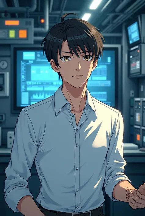  Systems Engineer 　male　anime　 white shirt　Glare